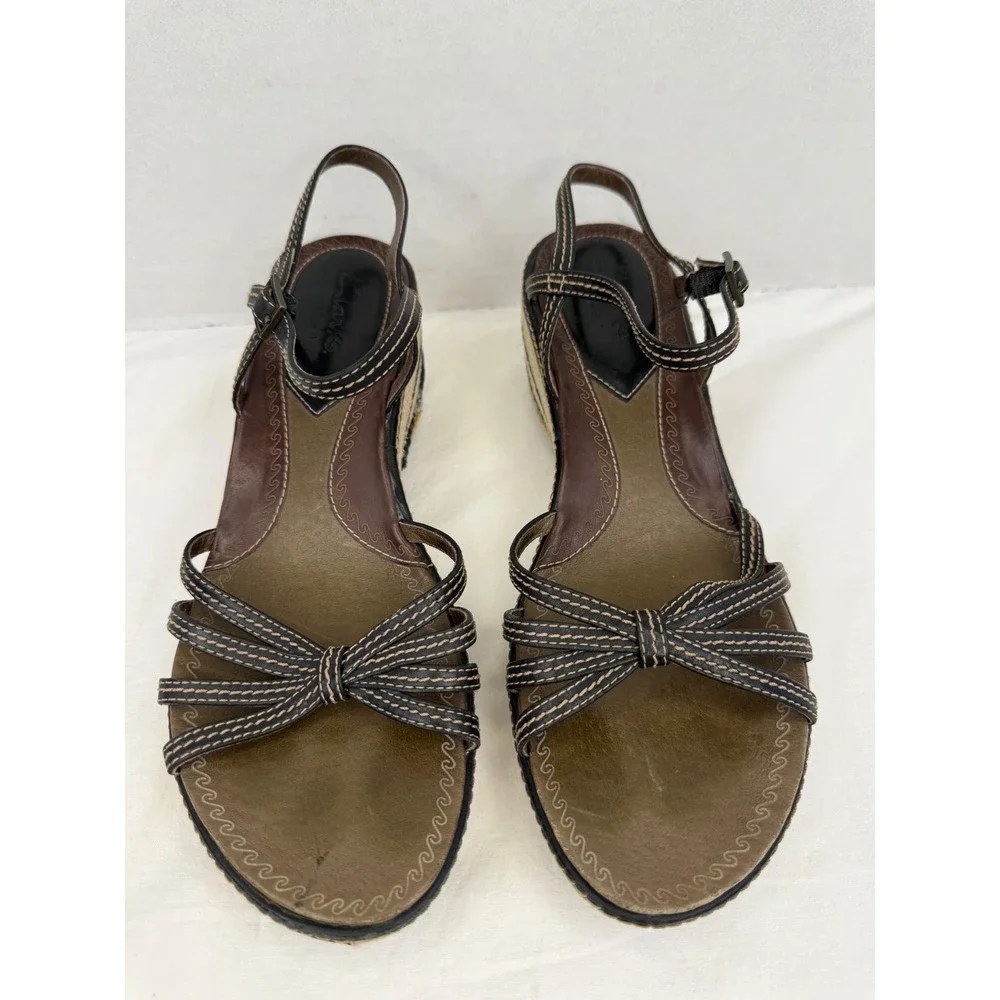 Clarks Artisan Brown Leather Strappy Espadrille Wedge Sandals Heel 3in‎